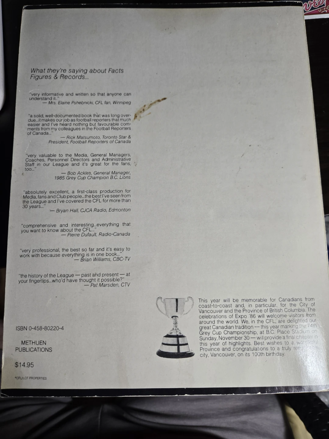 CFL 86 The Canadian Football League Facts Figures & Records 1986 - photo 2