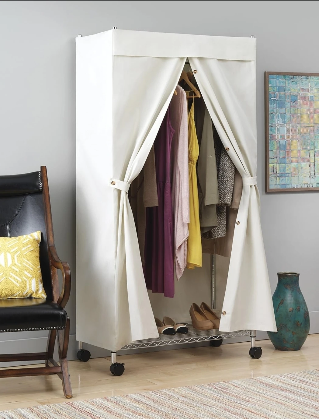 Portable Wardrobe with Wheels and Canvas Cover