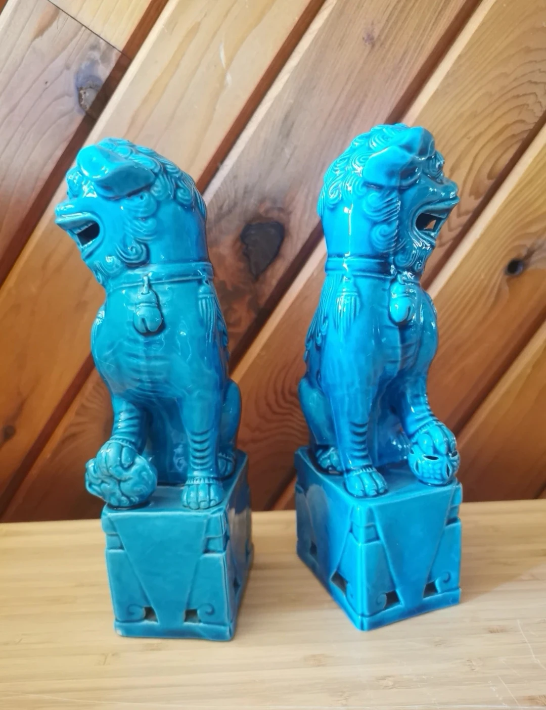 Pair Of Vintage Ceramic Turquoise Blue Foo Dogs - photo 3