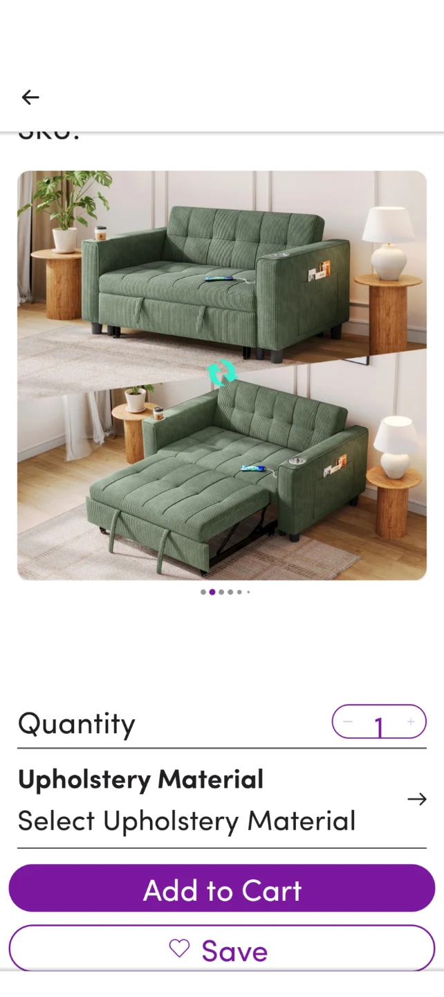 Black Loveseat Sofa Bed with USB Charging