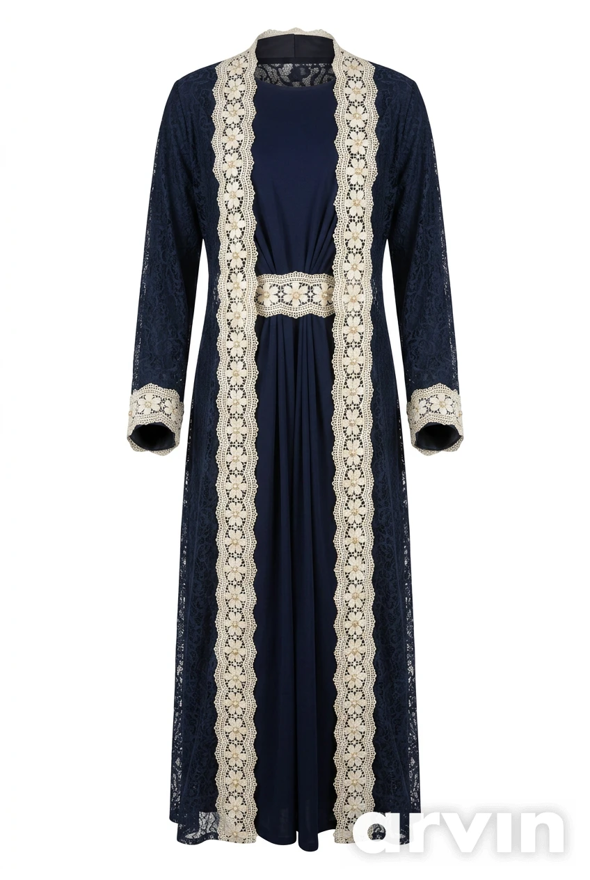 Navy Blue Lace Abaya with Cream Trim
