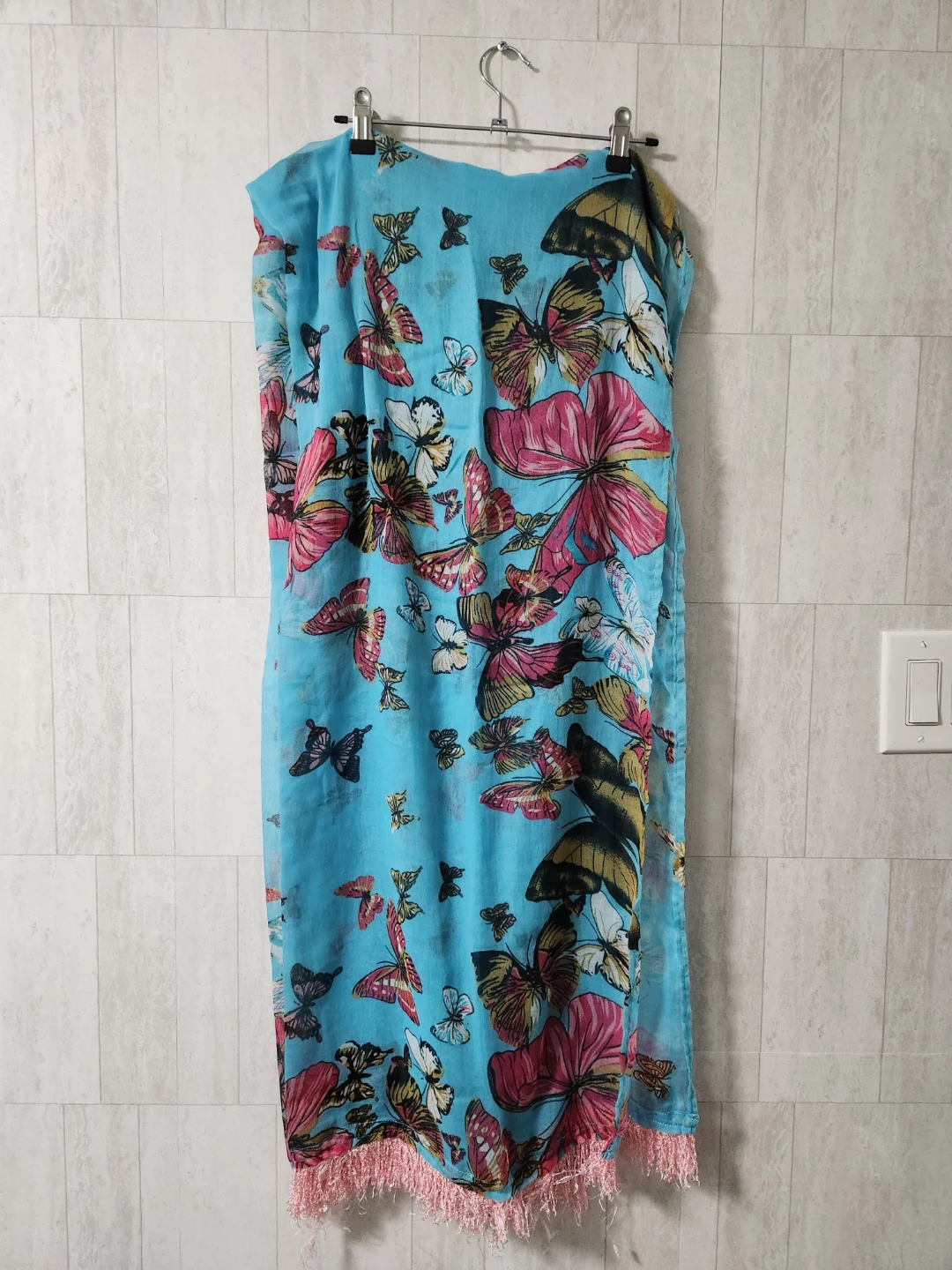 Blue Butterfly Print Scarf with Fringe