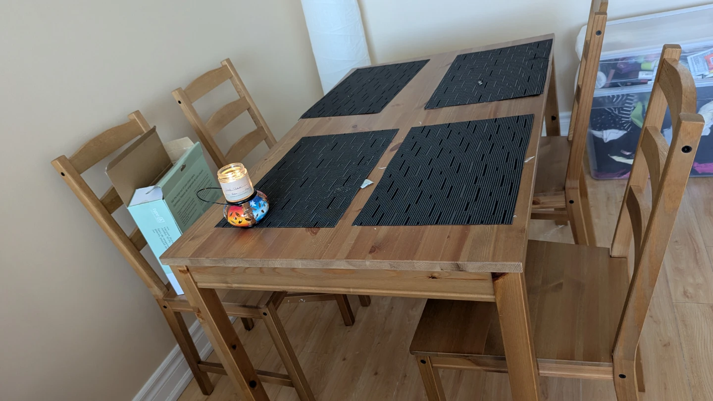 Wooden Ikea Dining Table and Chairs Set w/chair cushions