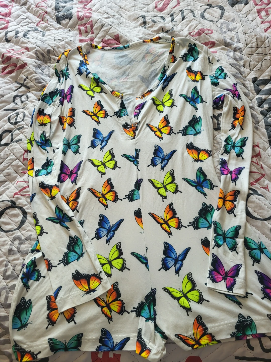 White Butterfly Print Long Sleeve Romper