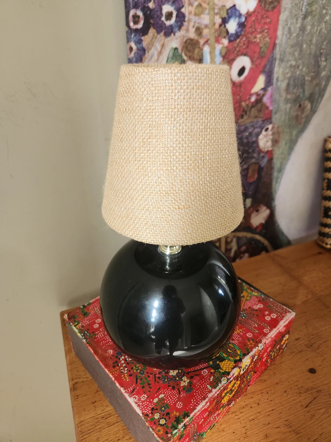 RARE 1980s Black tri light touch  Lamp with Burlap Shade - photo 2