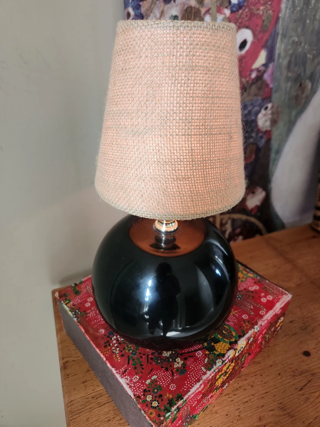 RARE 1980s Black tri light touch  Lamp with Burlap Shade - photo 3