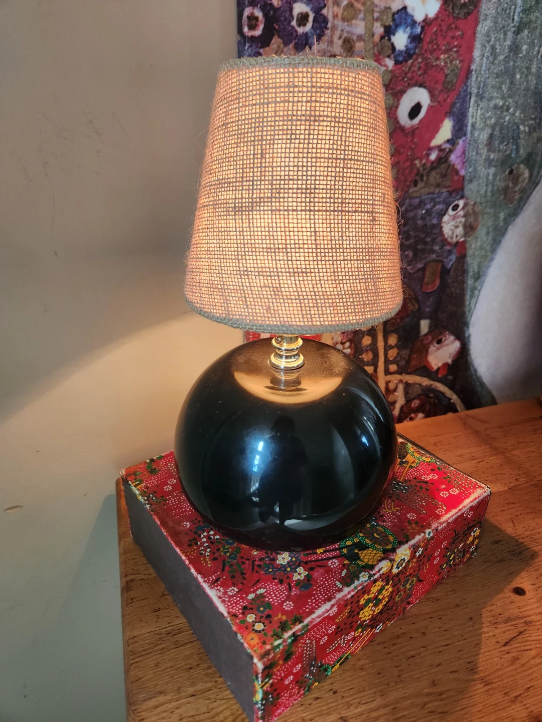RARE 1980s Black tri light touch  Lamp with Burlap Shade - photo 4