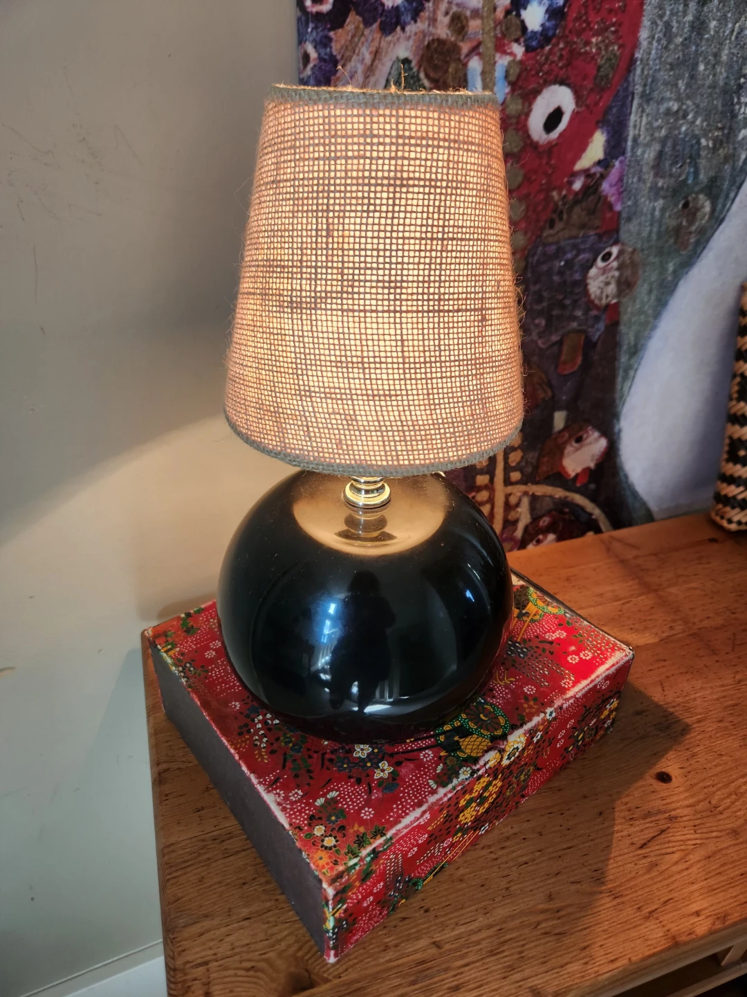RARE 1980s Black tri light touch  Lamp with Burlap Shade - photo 5