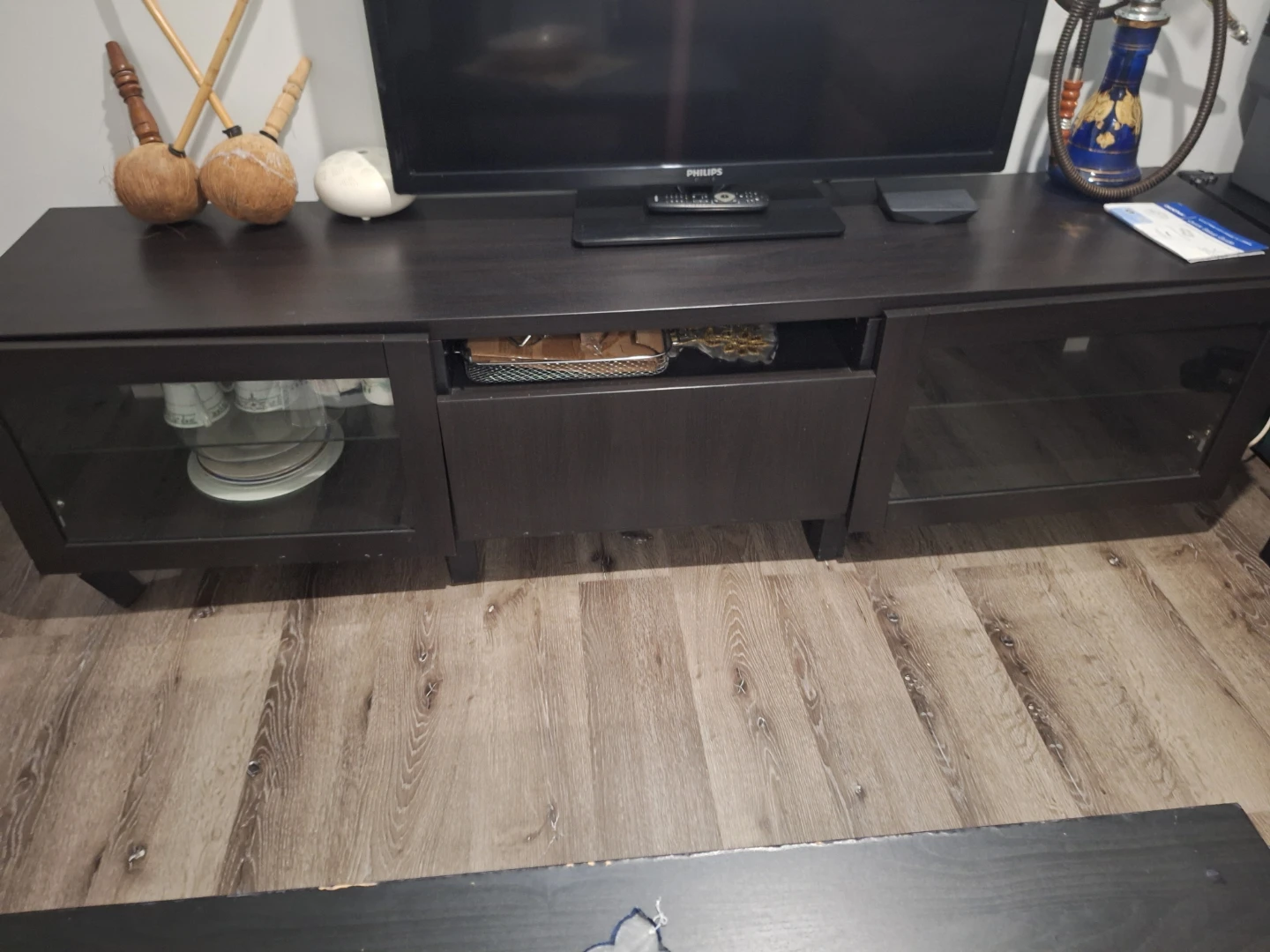 Dark Wood TV Stand with Glass Doors