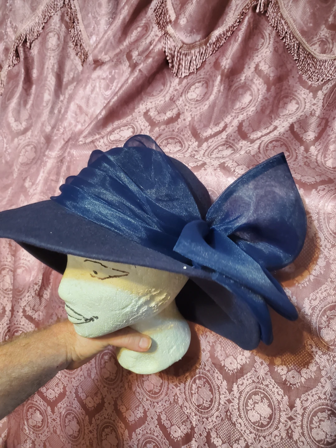 Navy Blue Wide Brim Hat with Organza Bow