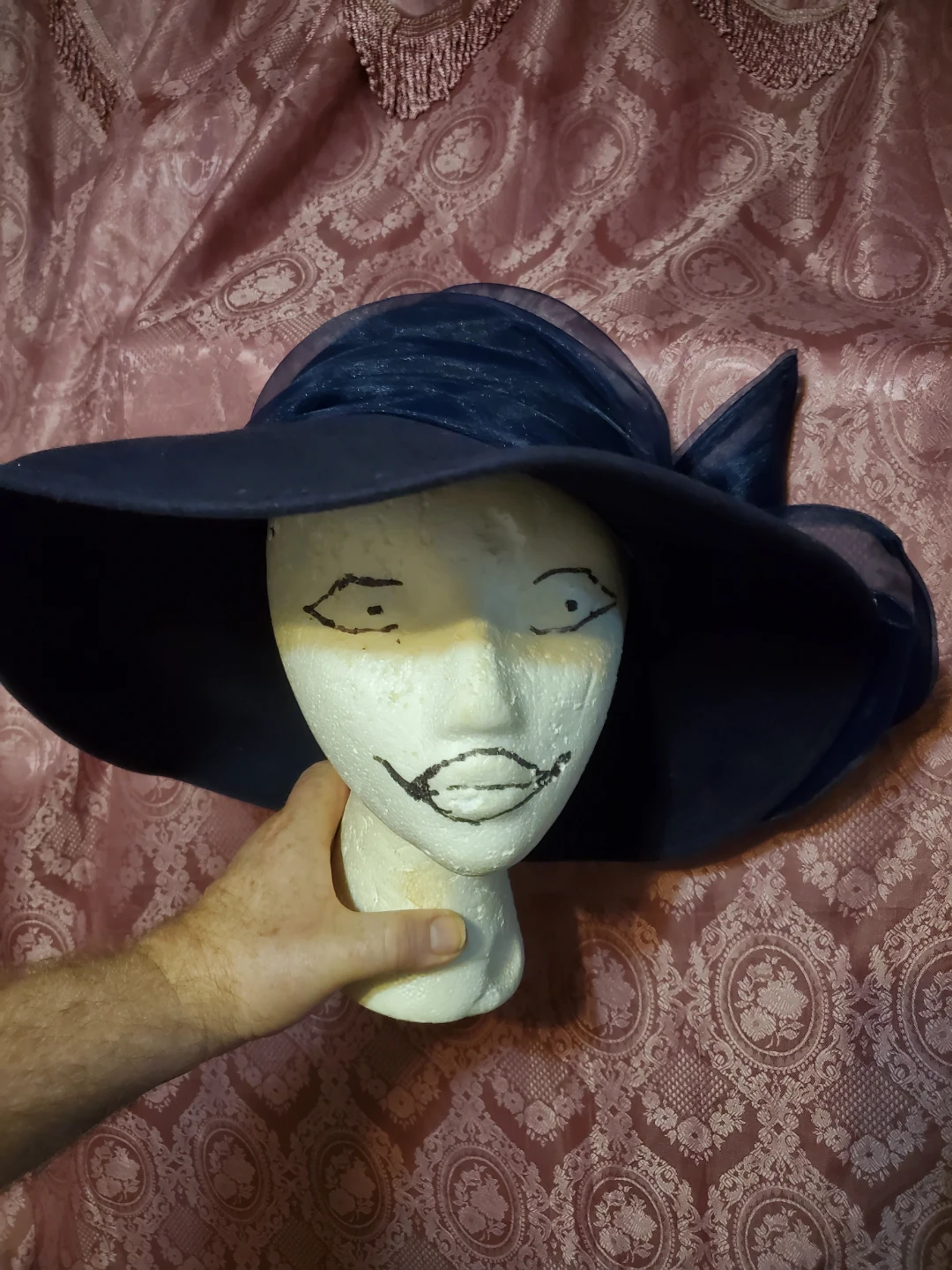 Navy Blue Wide Brim Hat with Organza Bow - photo 3