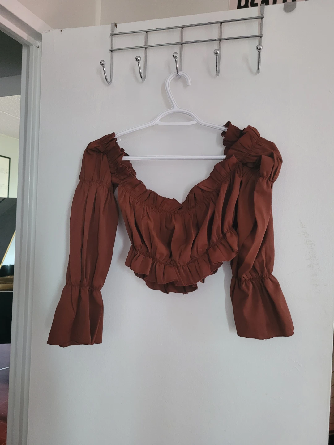 Brown Off-the-Shoulder Ruffle Crop Top - photo 2