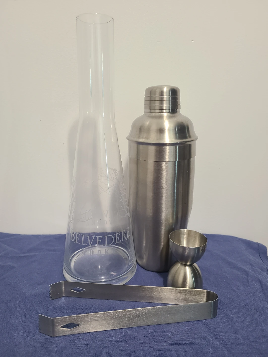 Belvedere Carafe, Cocktail Shaker Set with Tongs and Jigger
