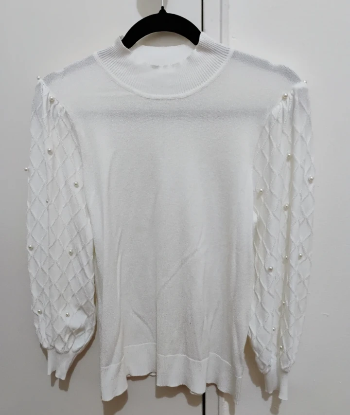 White Rafiana Knit Sweater with Pearl Embellishments