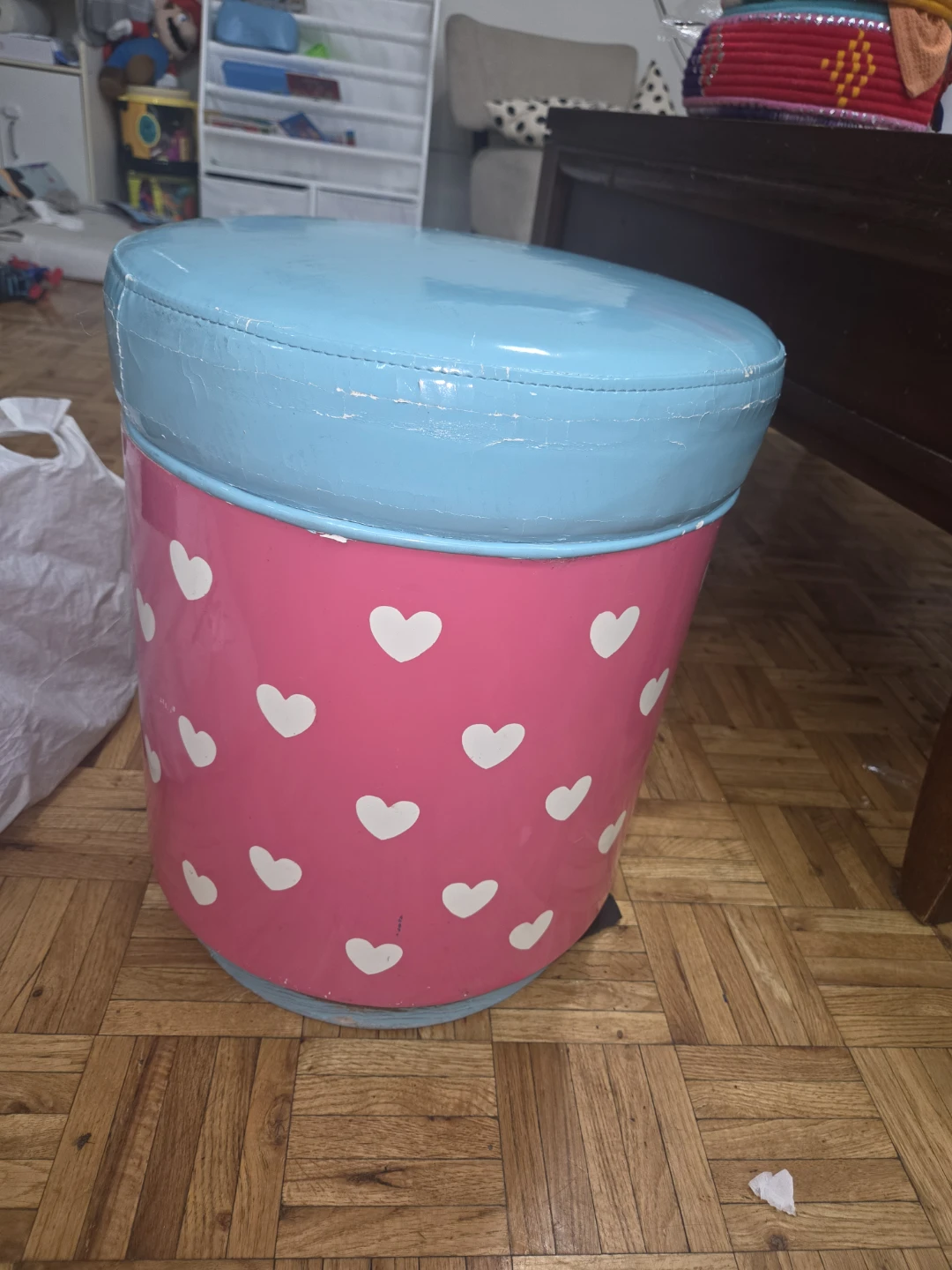 Kids Stool with Pink Hearts and Blue Top
