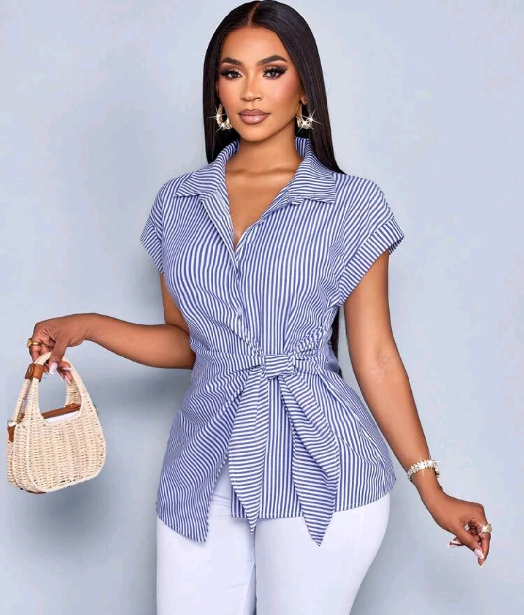 Blue and White Striped Tie-Front Blouse