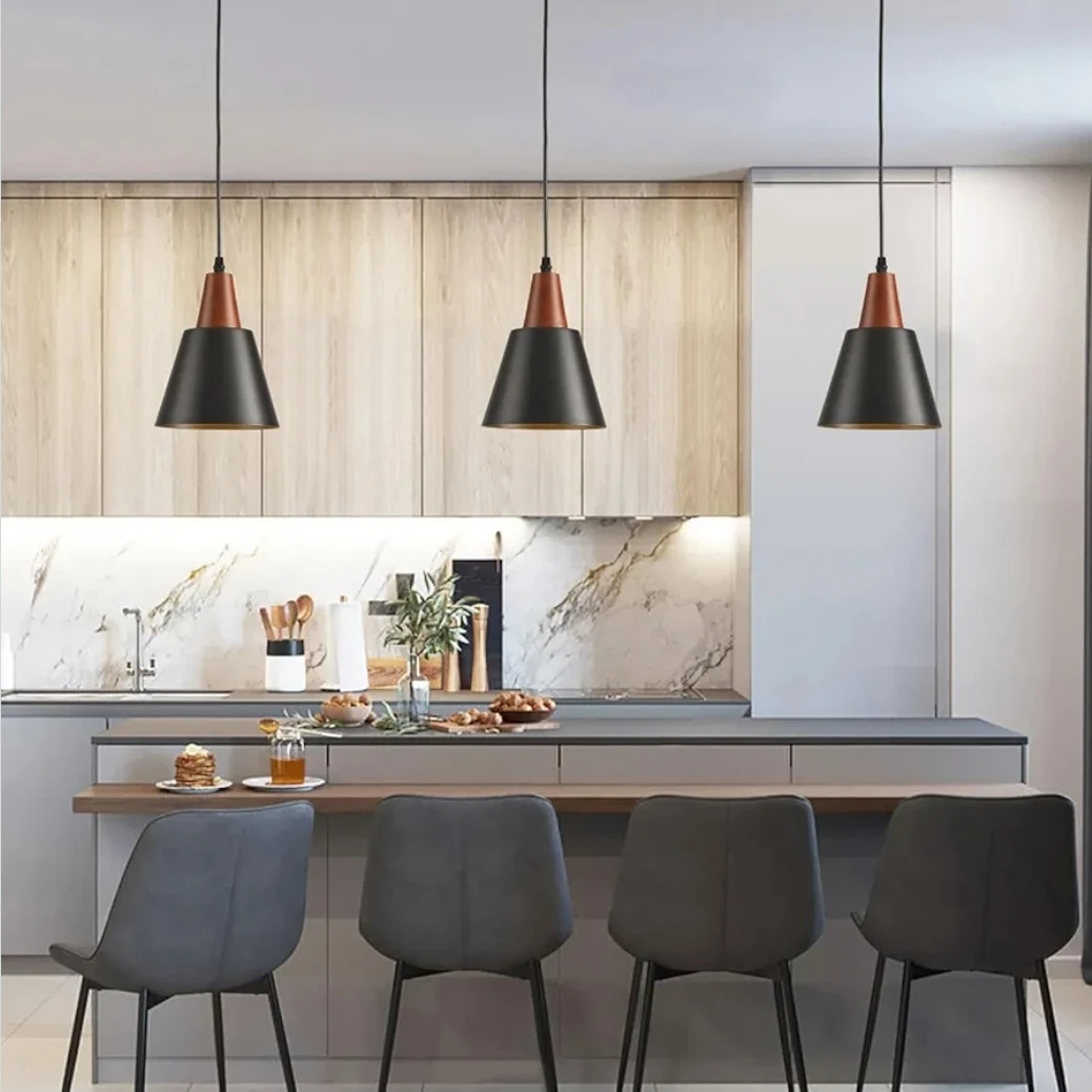 2 Pack Black Pendant Lights with Wood Accents - photo 2