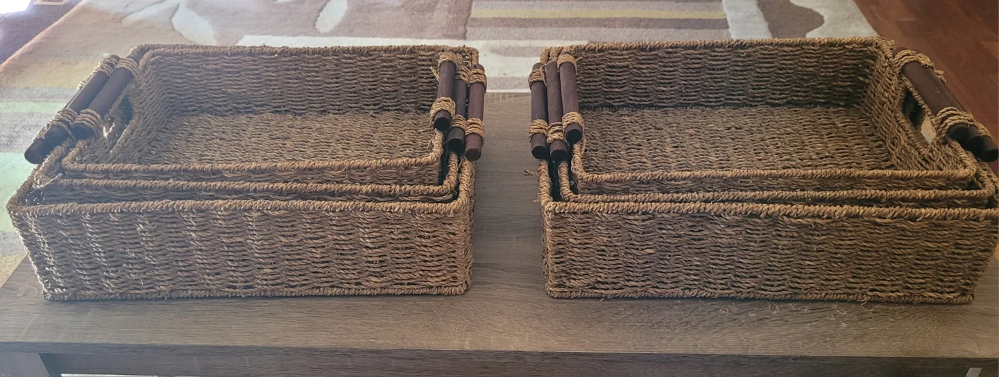 2 Sets of 3 Woven Baskets with Handles