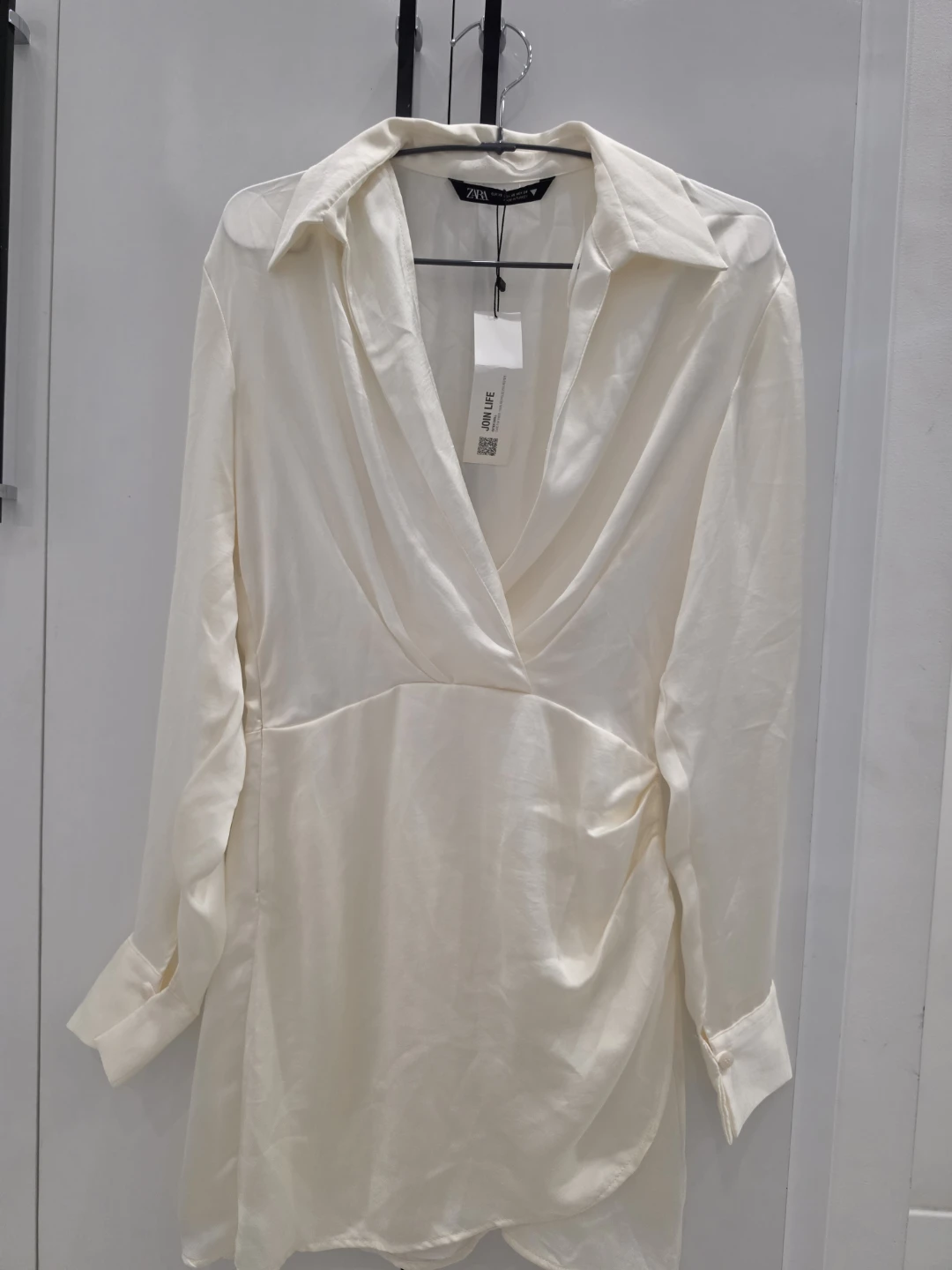 ZARA Cream Ruched Satin Shirt Dress - XS