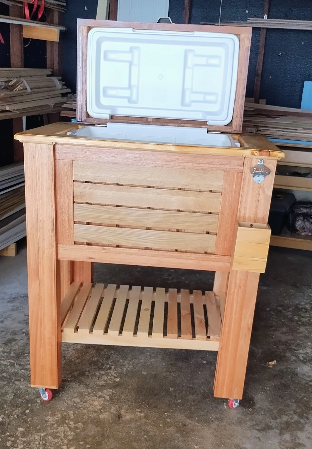 Wooden Rolling Cooler Cart with Ice Chest