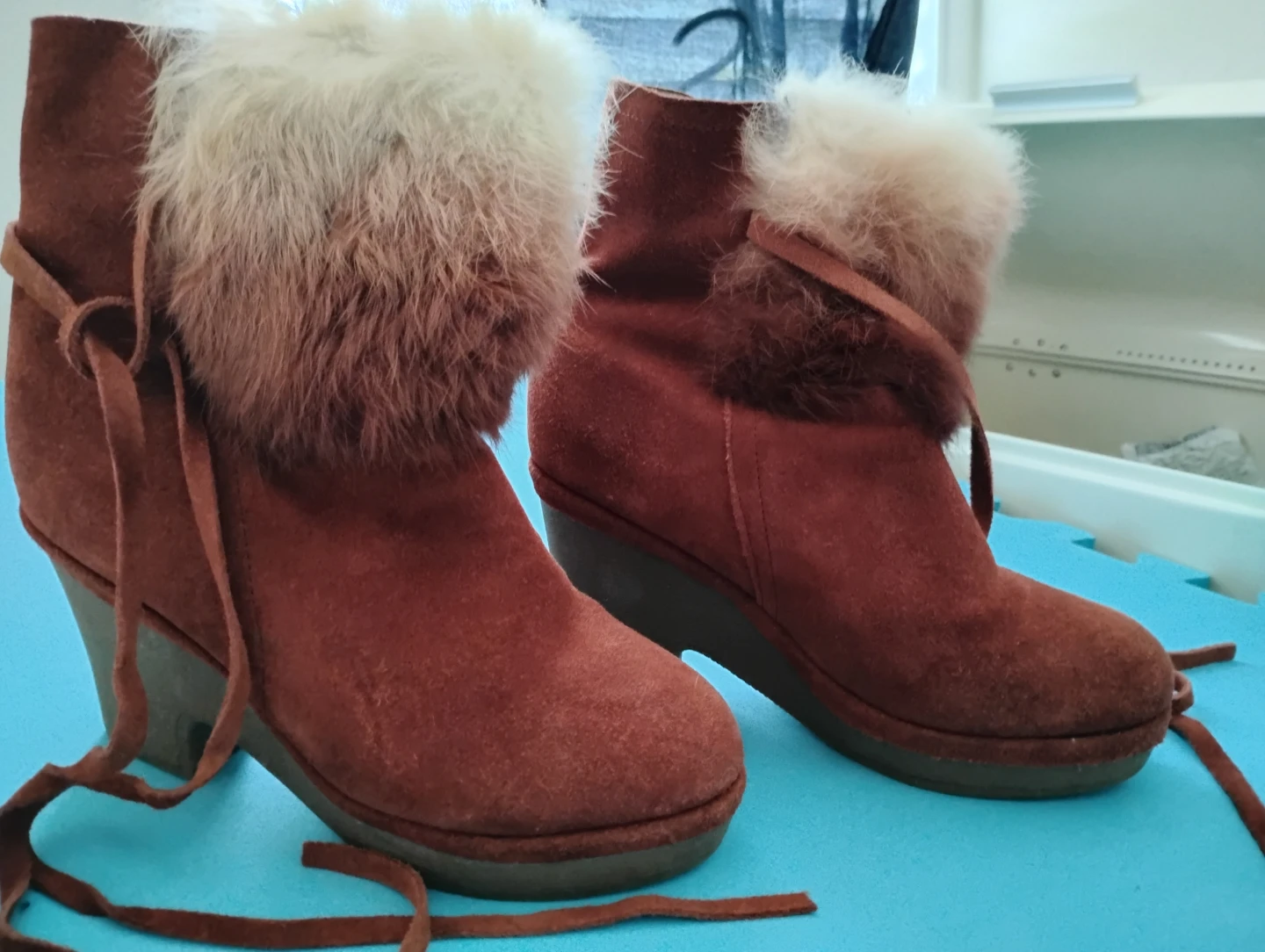Brown Suede Fur Trim Wedge Ankle Boots