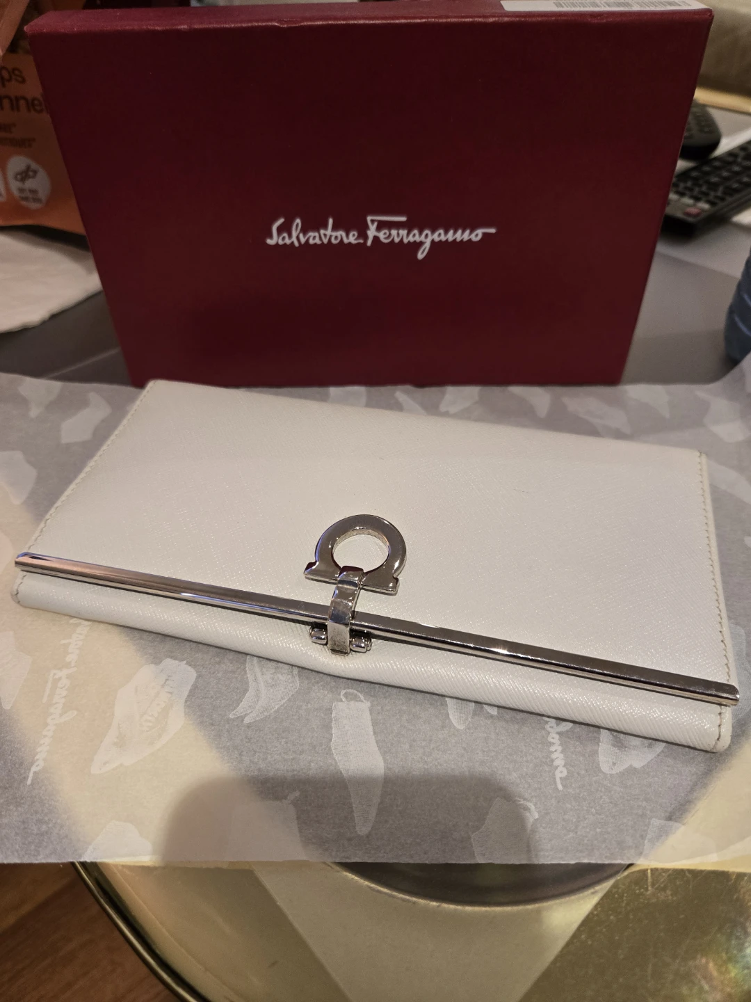 Salvatore Ferragamo White Leather Long Wallet with Lanyard