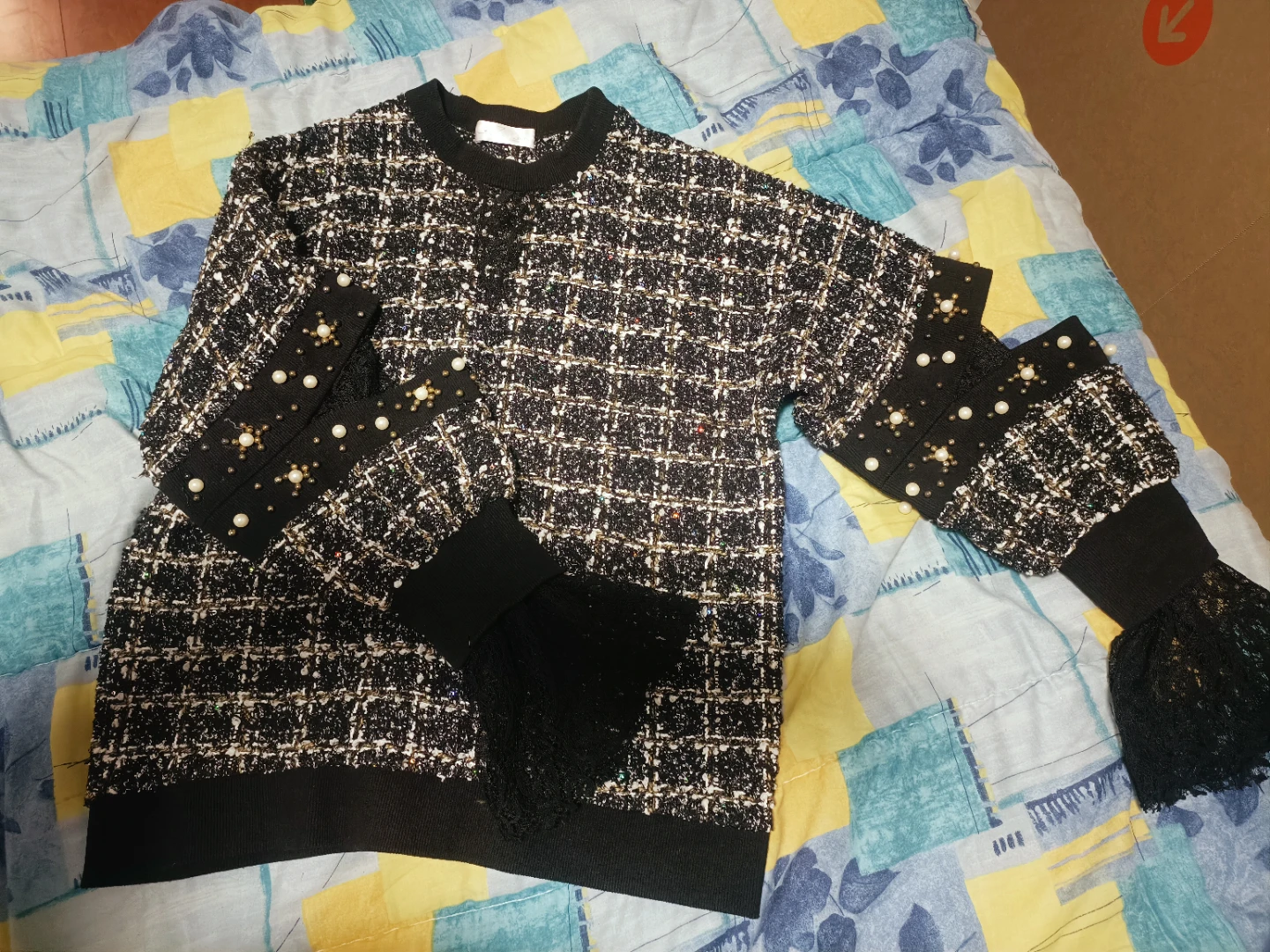 Black and White Tweed Sweater with Pearls and Lace