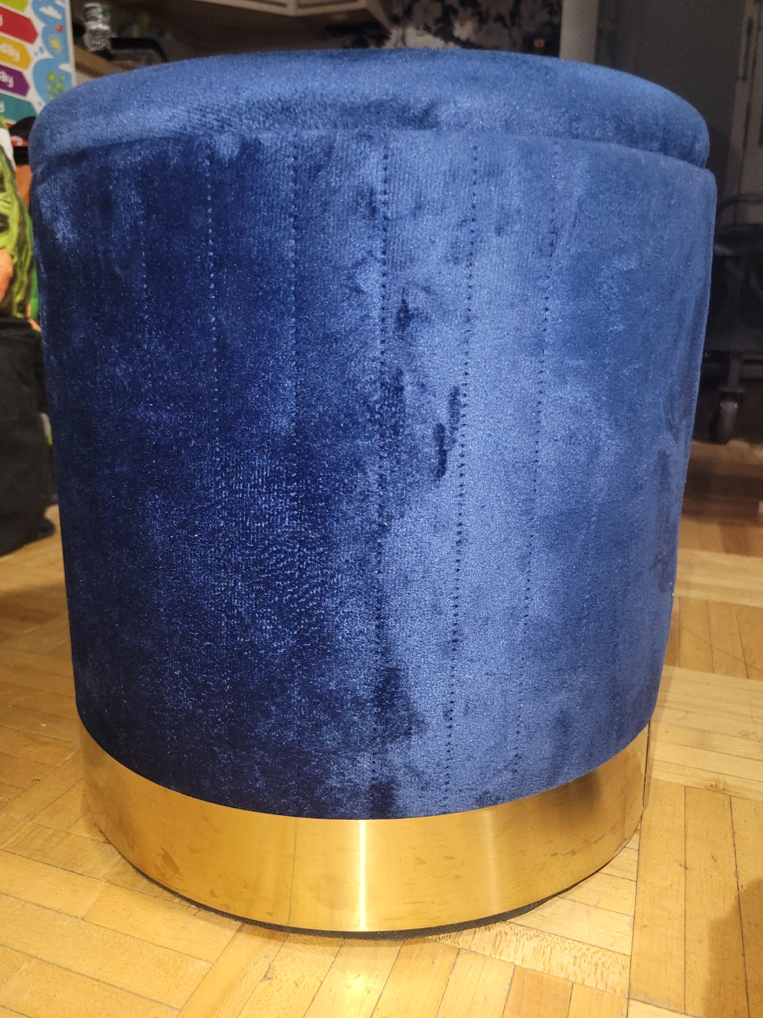 Blue Velvet Ottoman with Gold Base