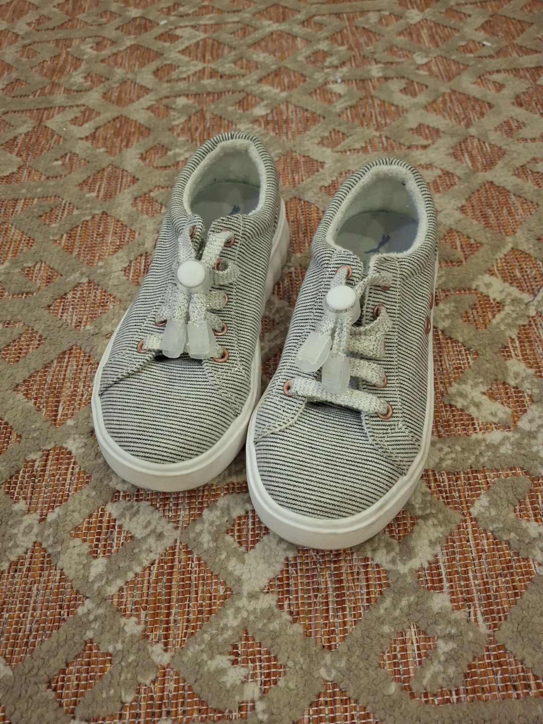 White & Grey Striped Slip-On Sneakers