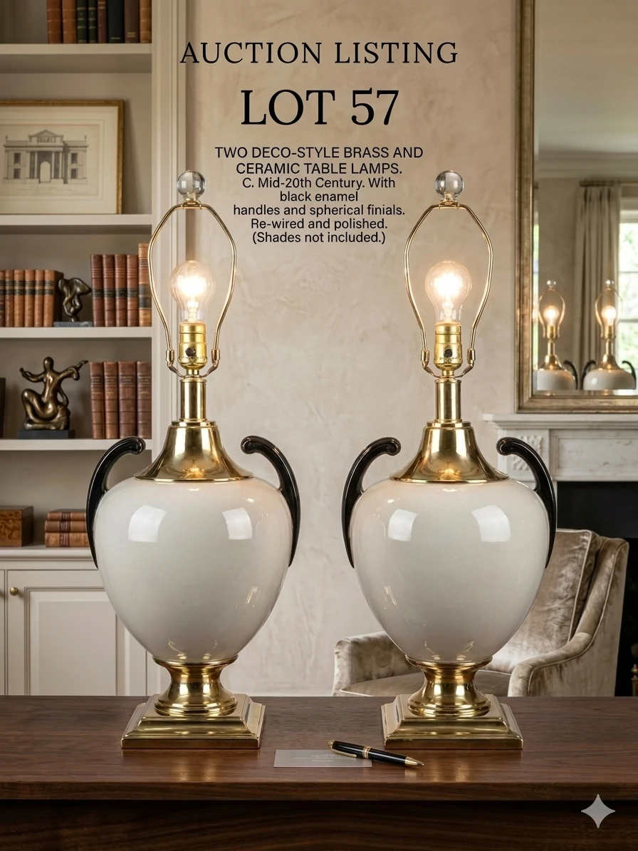 Pair of Deco-Style Brass and Ceramic Table Lamps - photo 2