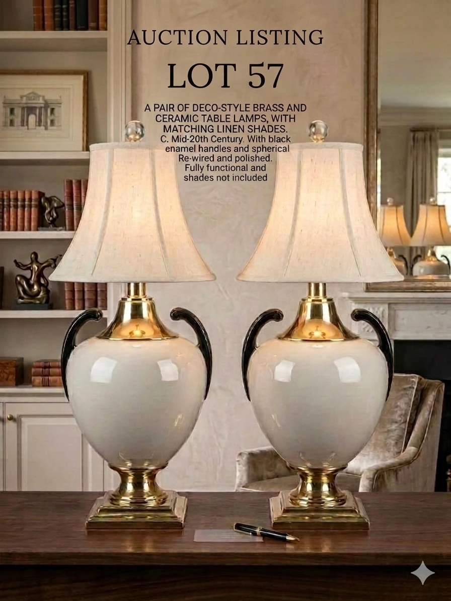 Pair of Deco-Style Brass and Ceramic Table Lamps - photo 3