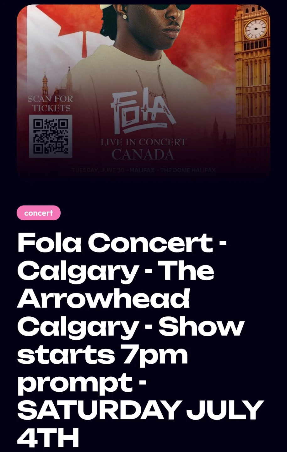 2 Tickets for Fola at The Arrowhead Calgary Stampede Concert