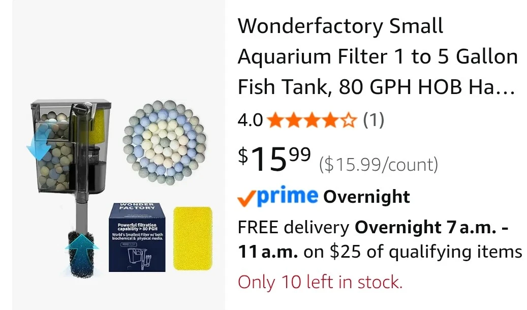 Wonderfactory Small Aquarium Filter for 1-5 Gallon Fish Tank