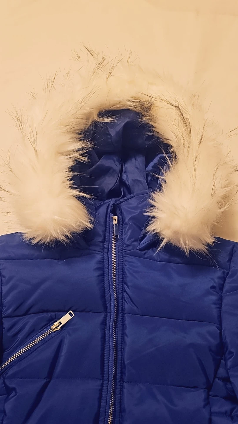 Blue Puffer Jacket with Fur Trim Hood