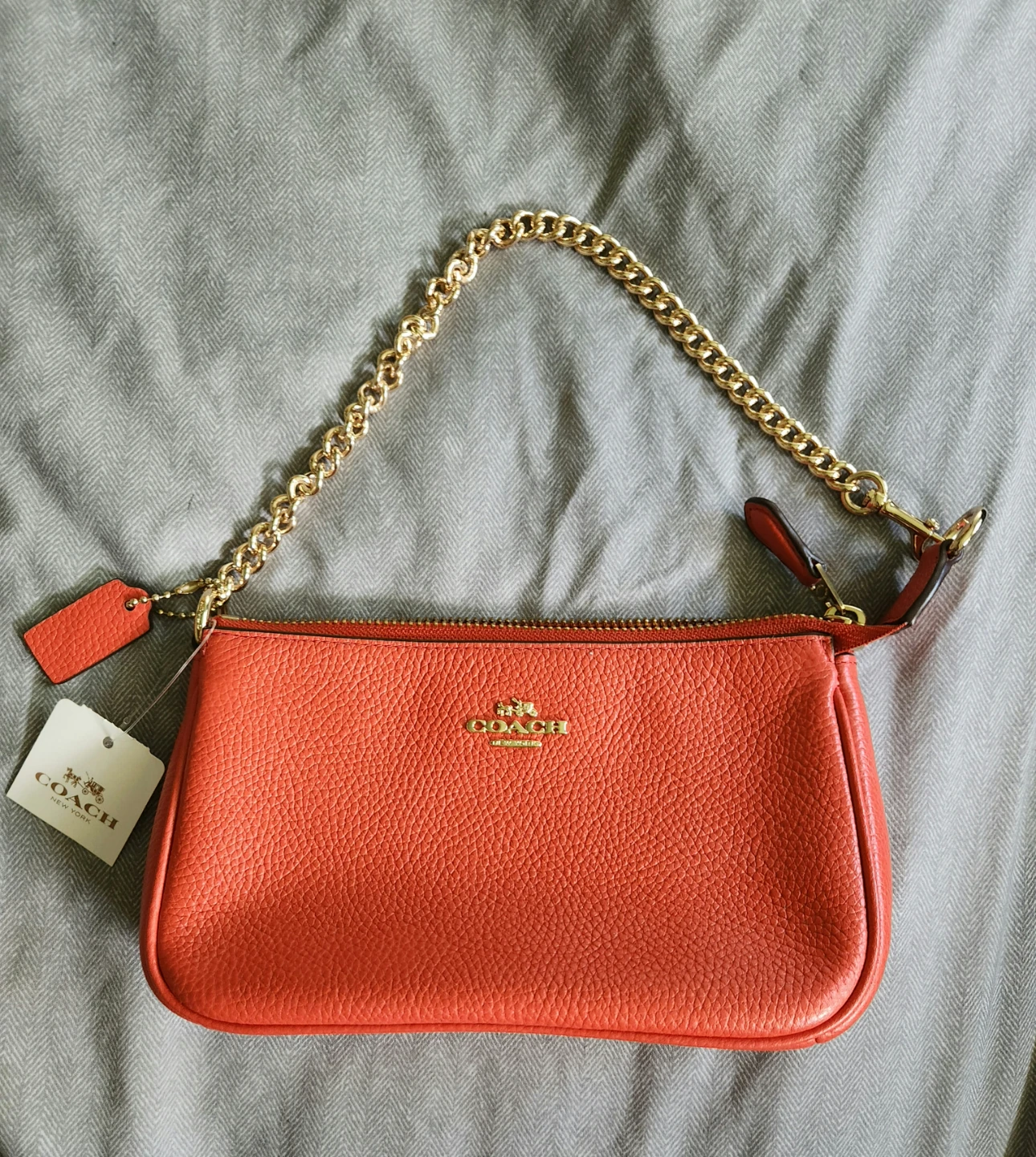 Coach Orange Leather Wristlet Clutch Chain Bag