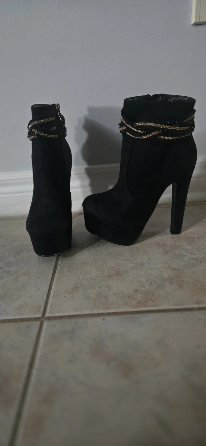 Black Heeled Ankle Boots with Gold Embellishments - photo 2