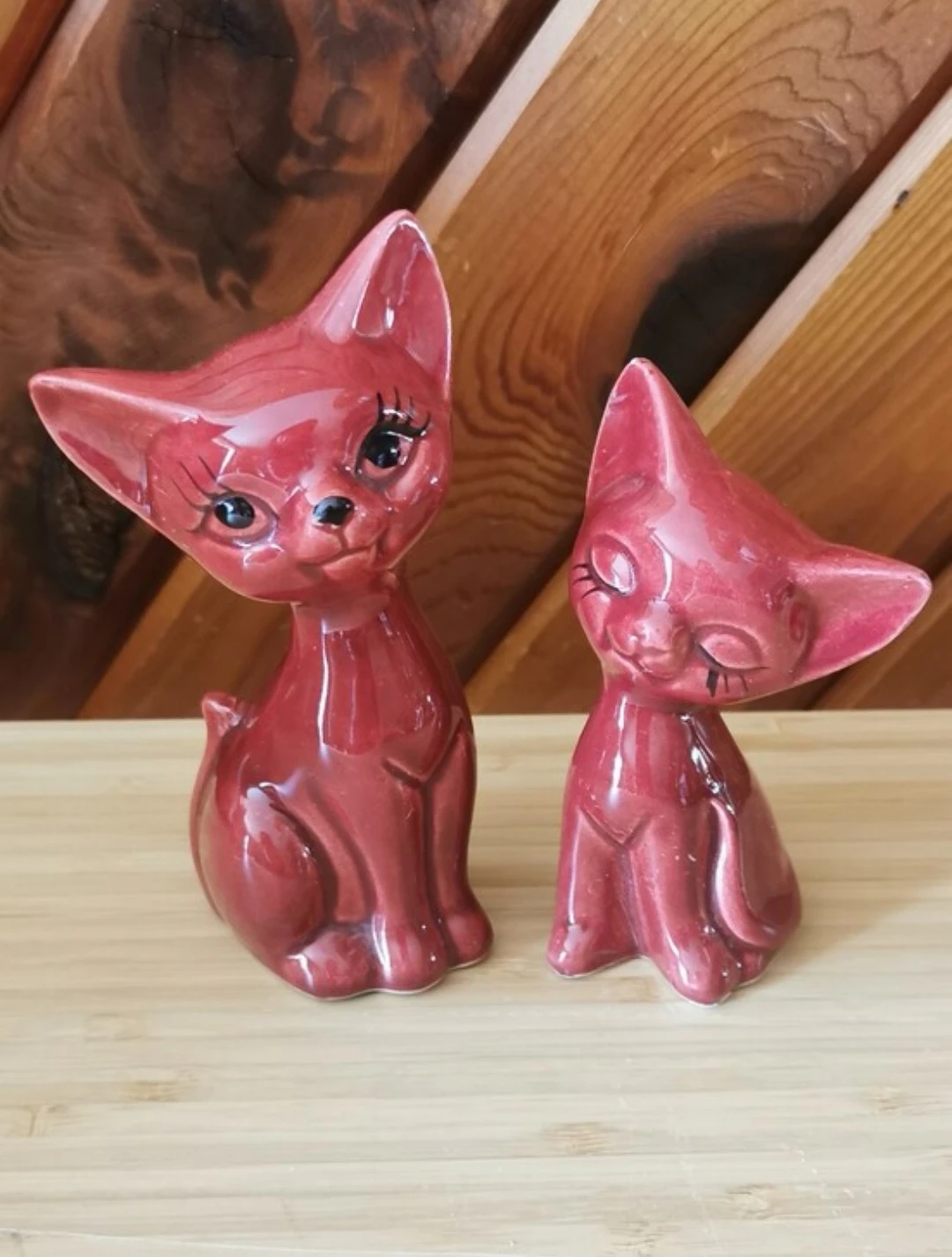 Vintage Hand Painted Ceramic Cat Figurines Pair Mid Century