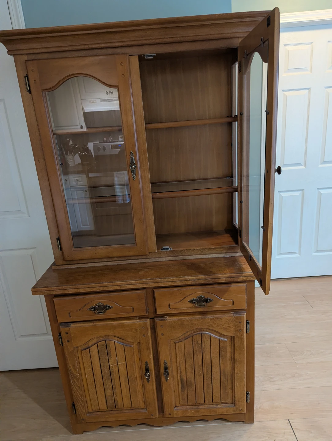 Wooden Hutch with Glass Doors and Drawers