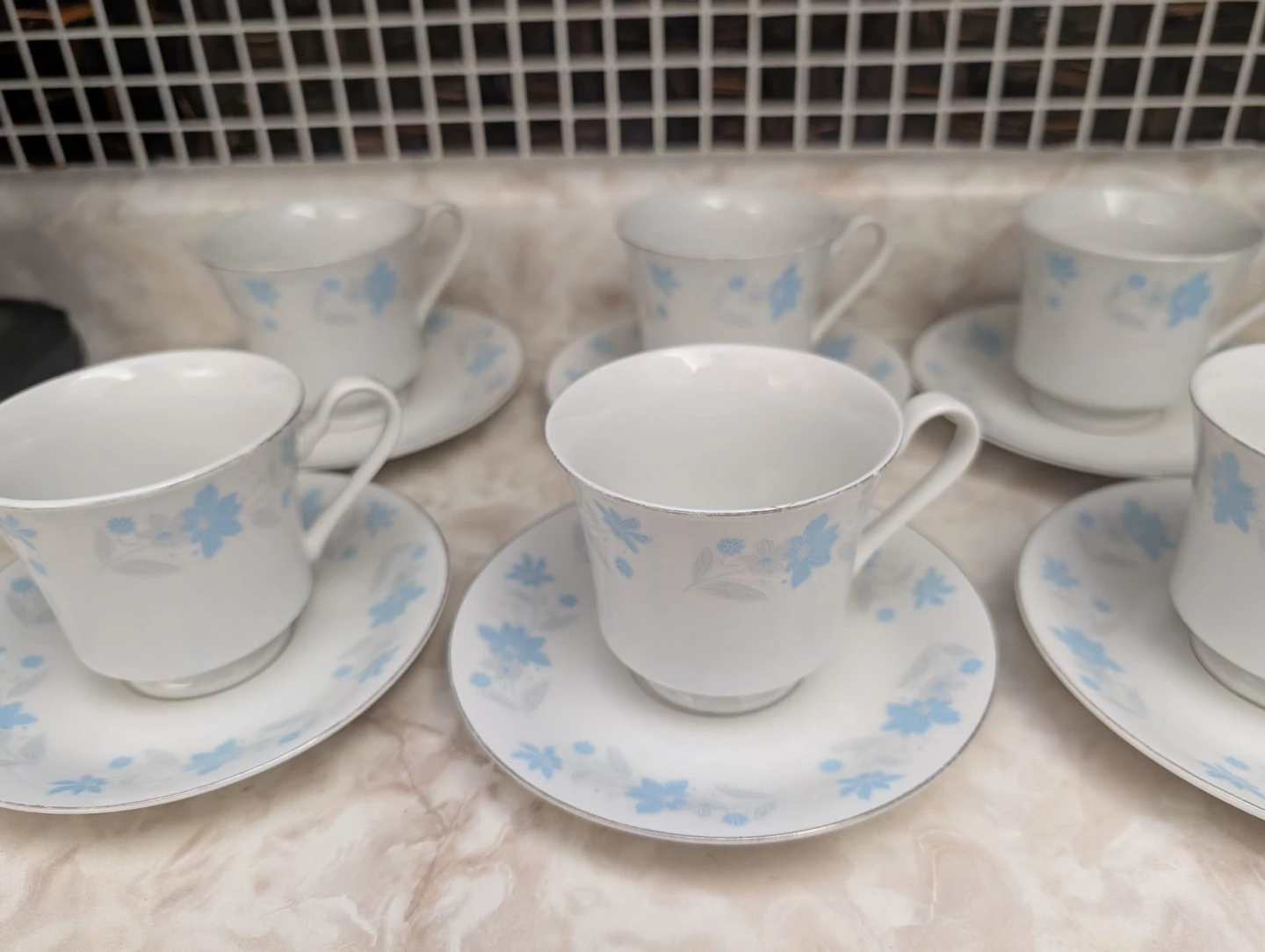 Set of 6 White Teacups and Saucers with Blue Floral Design - photo 2