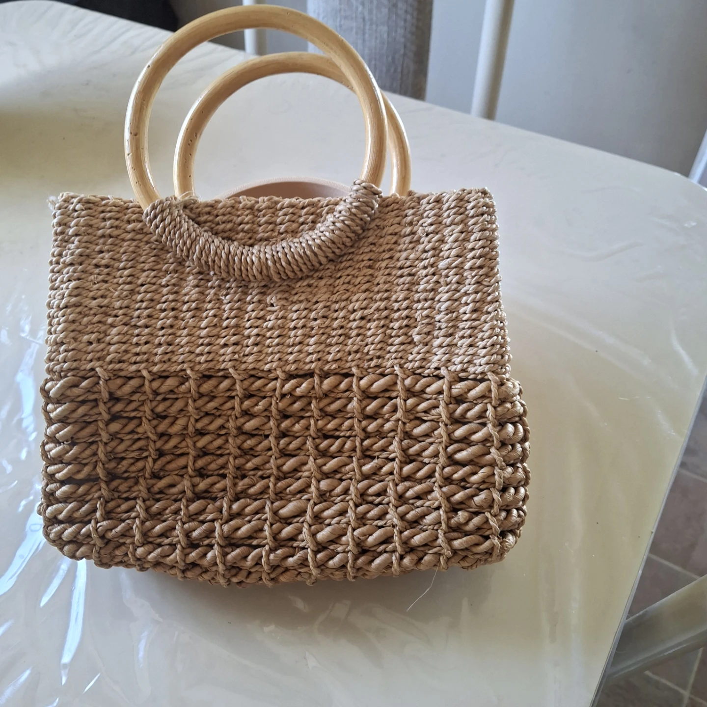 Straw Tote Bag with Wooden Handles