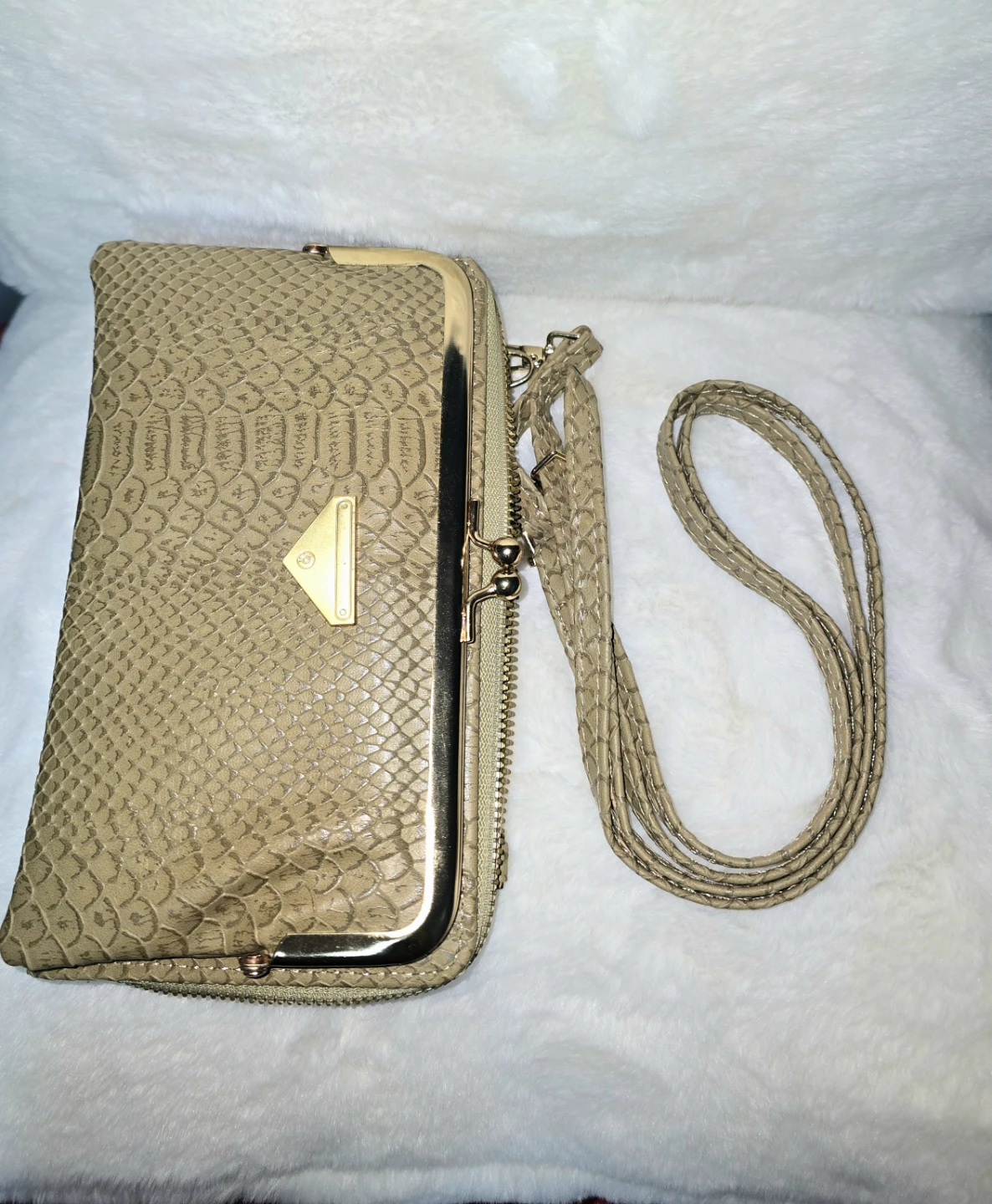 Taupe Faux Snakeskin Crossbody Clutch Purse with Gold Frame - photo 2