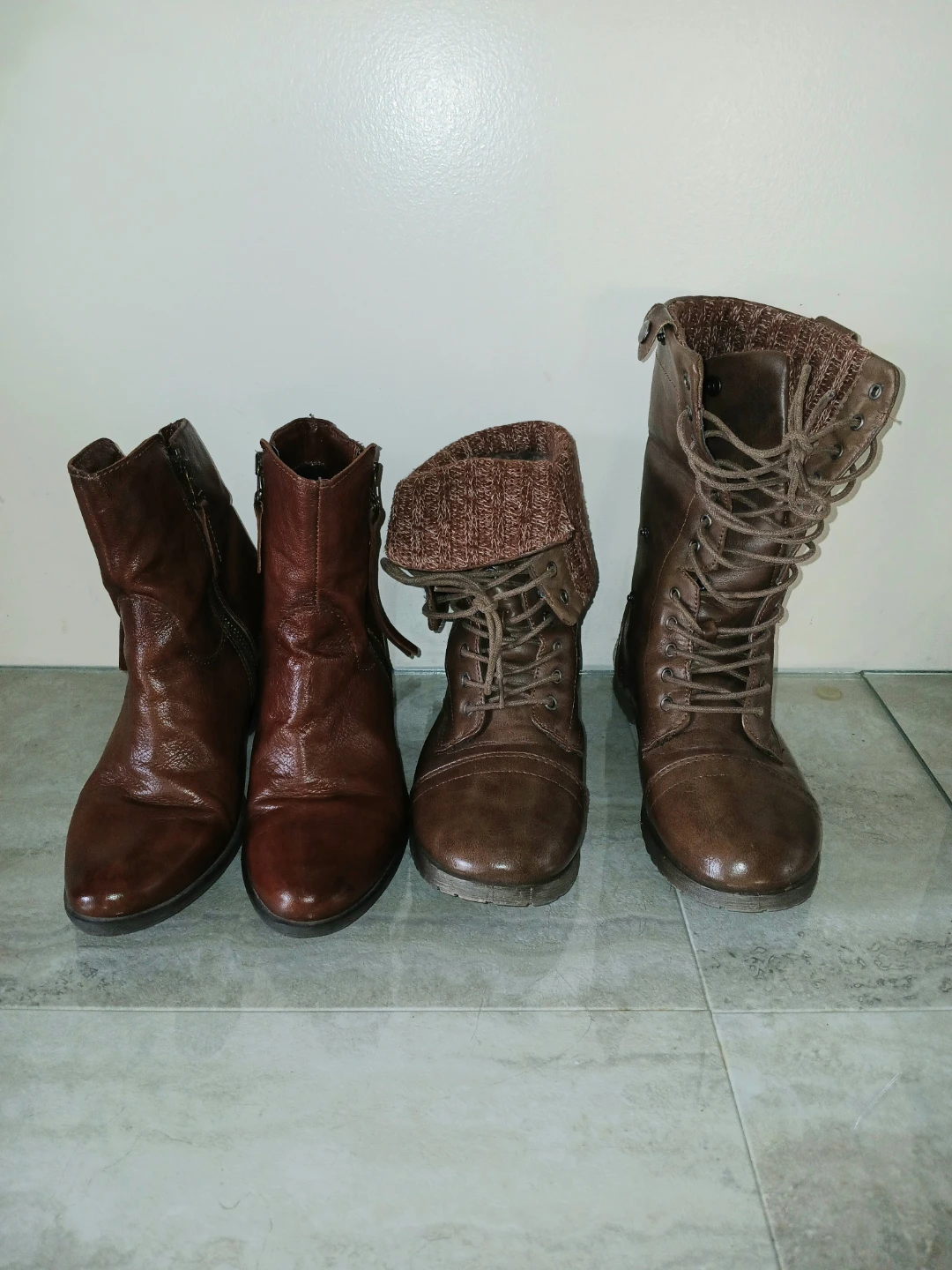 Brown Faux Leather Lace-Up Boots with Knit Cuff