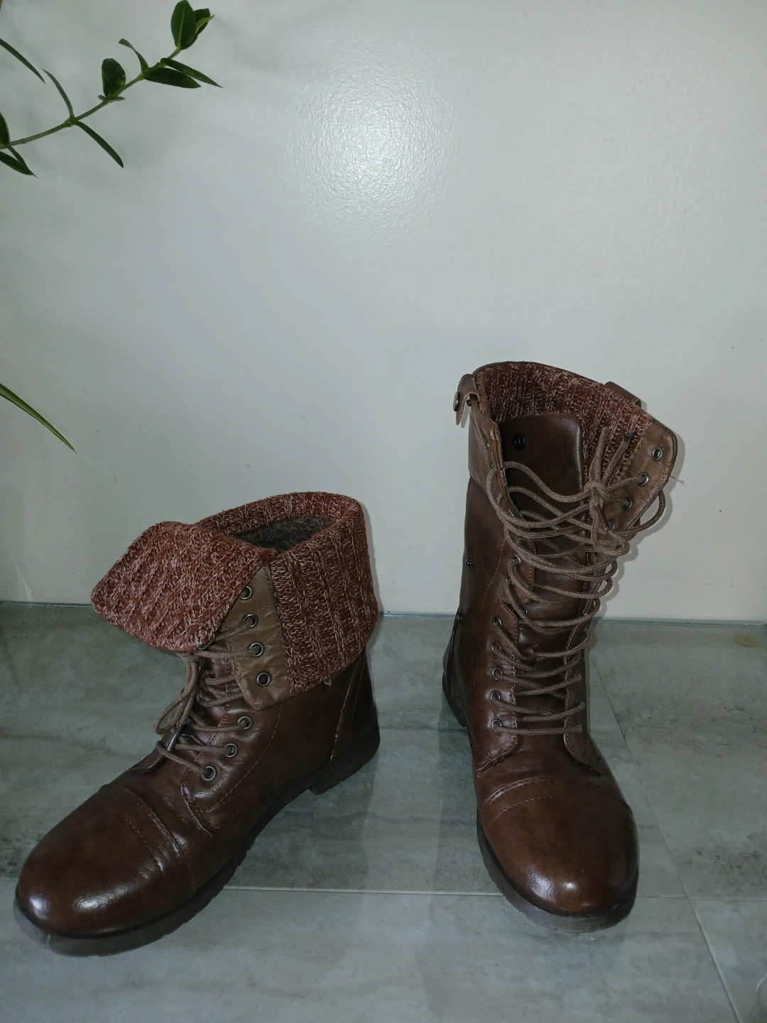 Brown Faux Leather Lace-Up Boots with Knit Cuff - photo 2