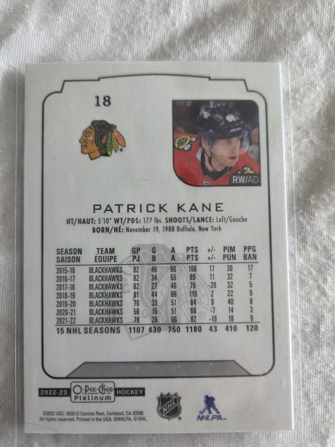 2022-23 O-Pee-Chee Platinum Patrick Kane Hockey Card - photo 2