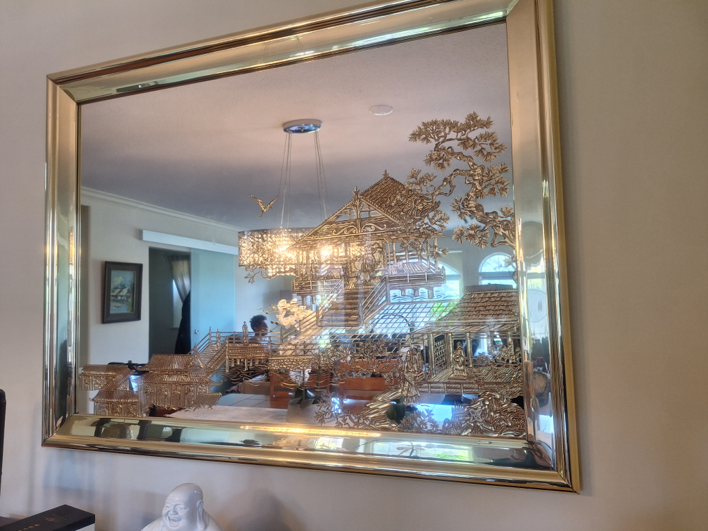 Vintage Etched Asian Scene Mirror
