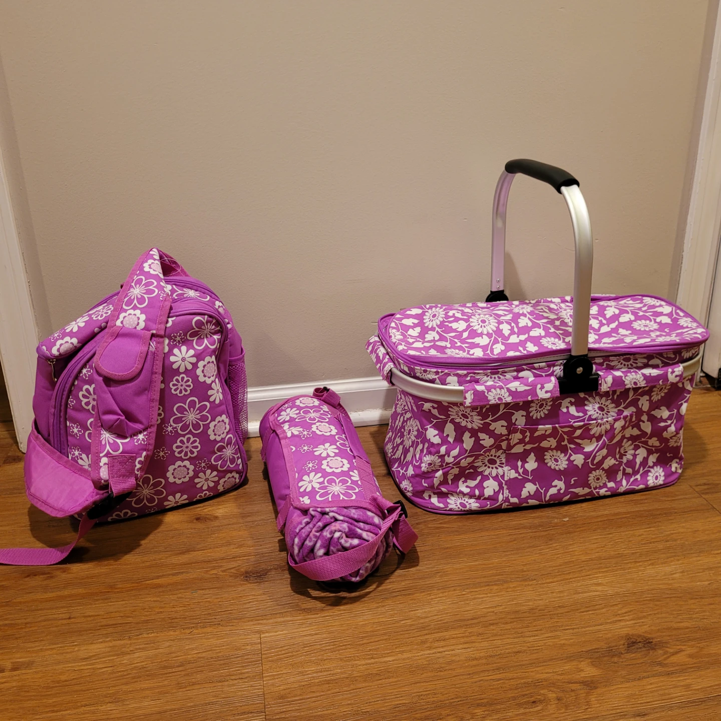 Pink Floral Picnic Set with Backpack and Basket