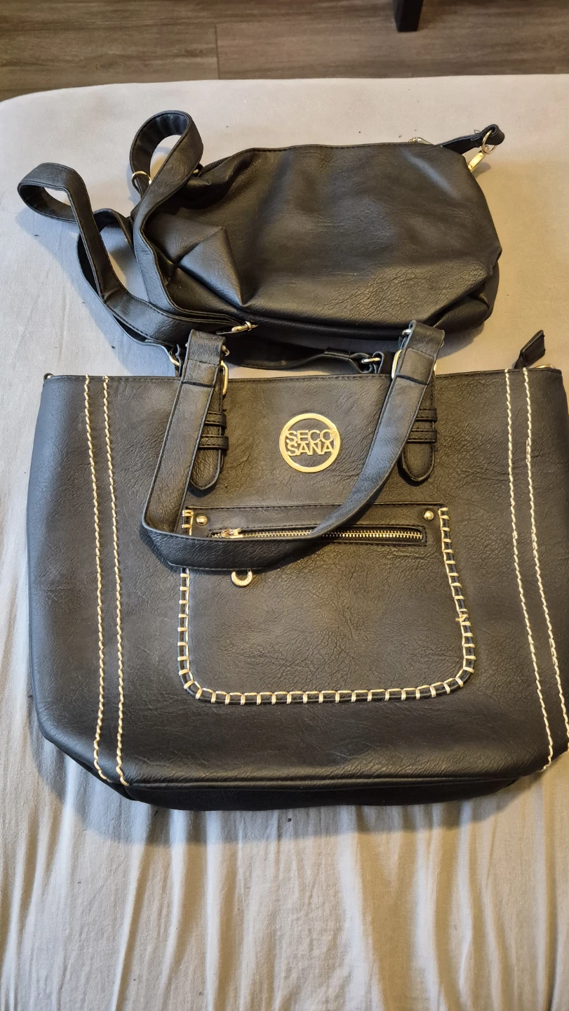 Seco Sana Black Faux Leather Tote Bag with Matching Crossbody