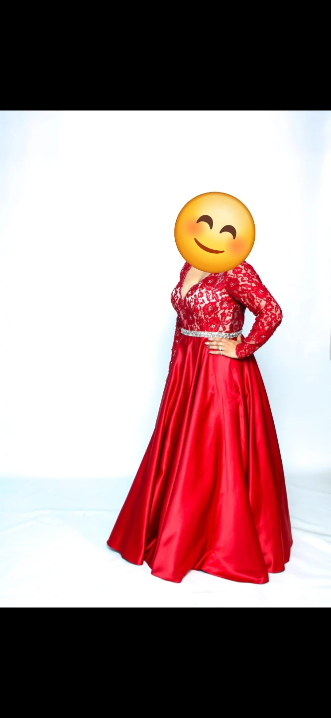Red formal gown with lace sleeves
