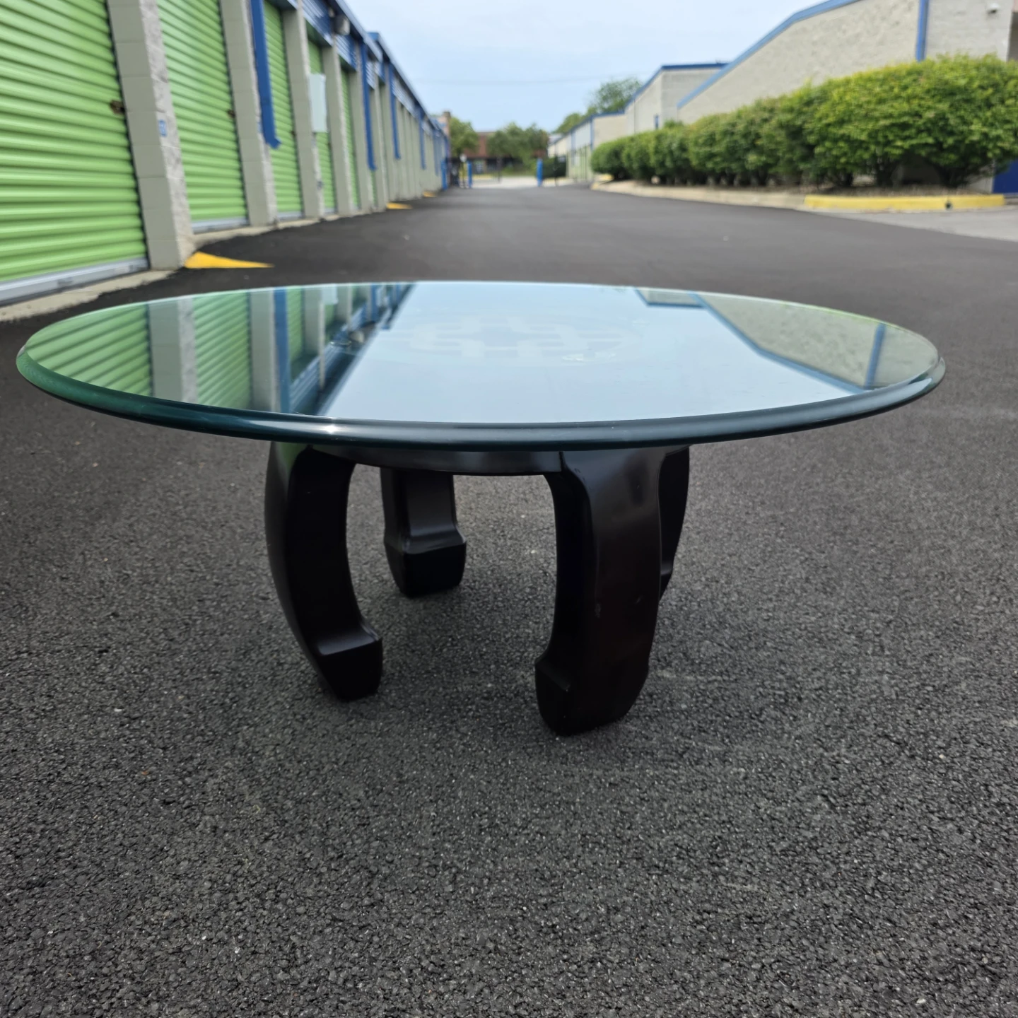 Asian Round Glass Top Accent Table with Wooden Base