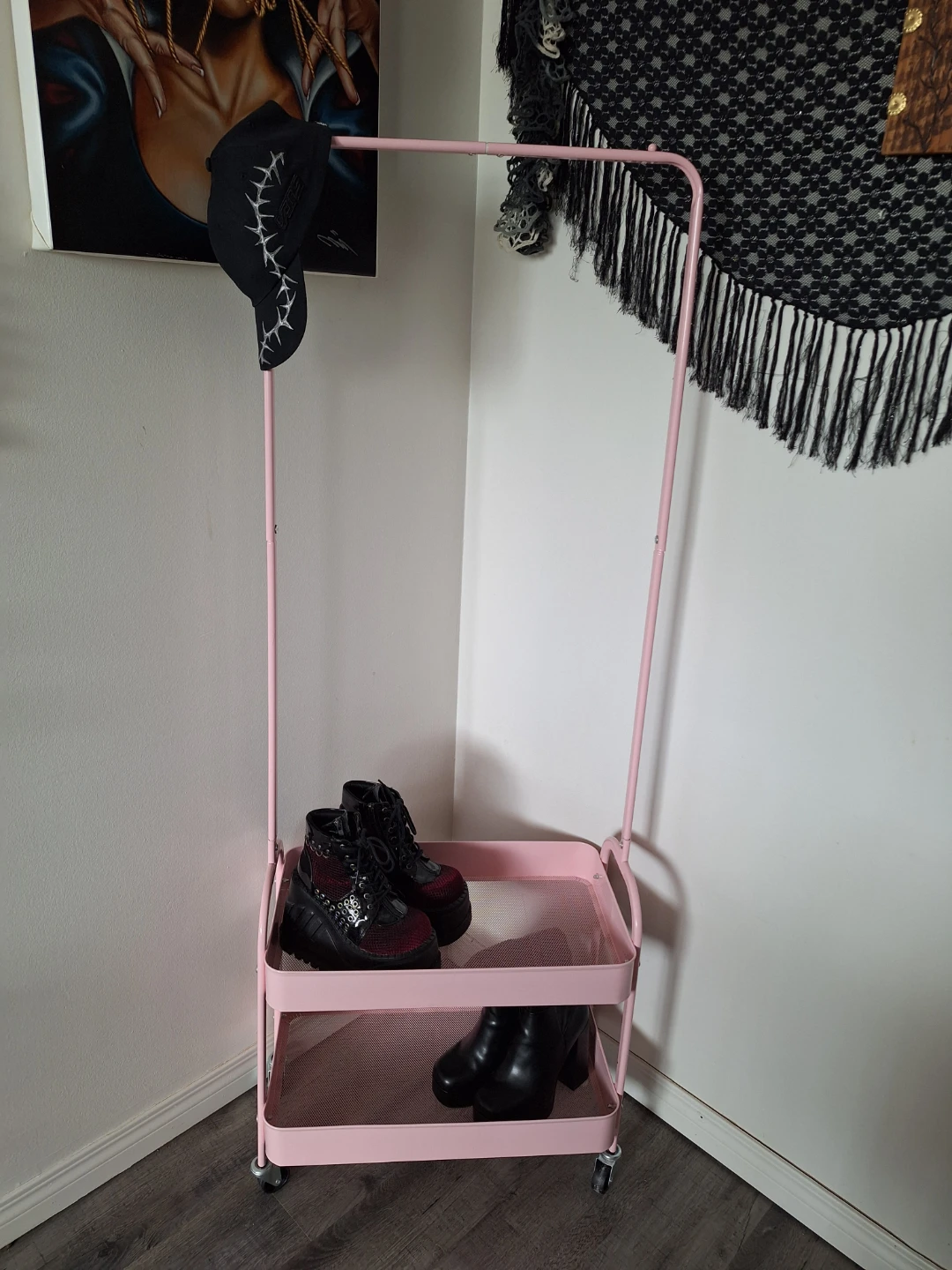 Pink Metal Rolling Cart with 2 Shelves